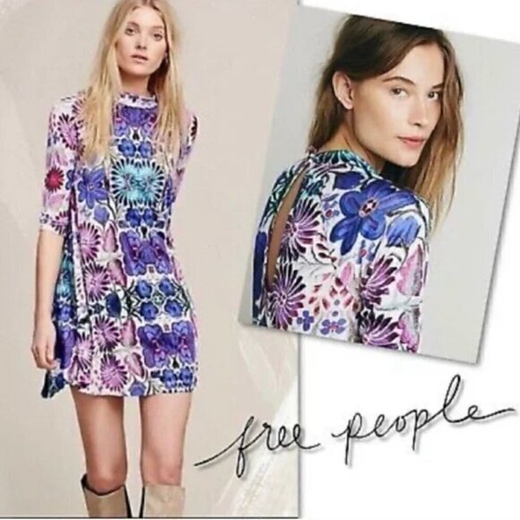 Free People New Romantics Fiesta Trapeze Mini Dress M Purple Floral Stretch - Picture 6 of 14